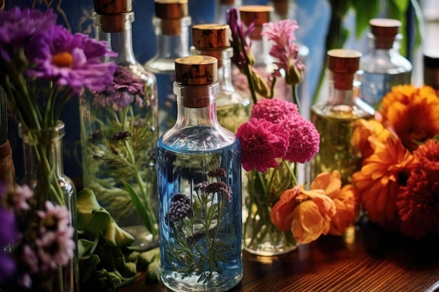 Foto close-up di bottiglie di vodka con fiori da giardino creati con ai generativi
