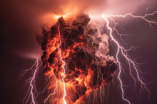 Closeup of volcanic lightning during an eruption created with generative ai