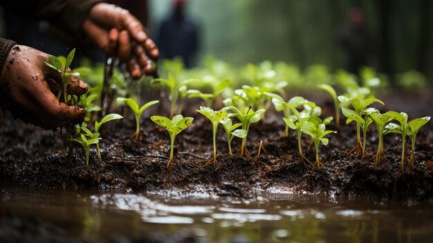 Closeup Volunteer hand planting potted plant Generative AI