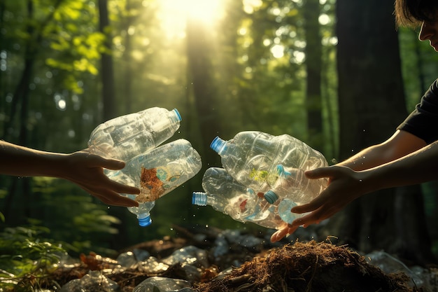 Клоуз-ап добровольцев, собирающих пластиковые бутылки