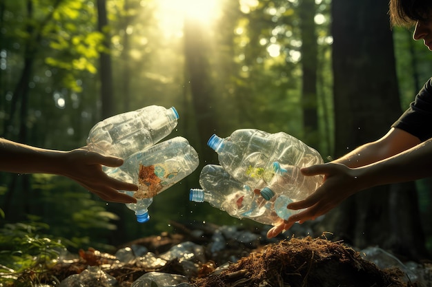 Closeup of a volunteers hands collecting plastic bottles