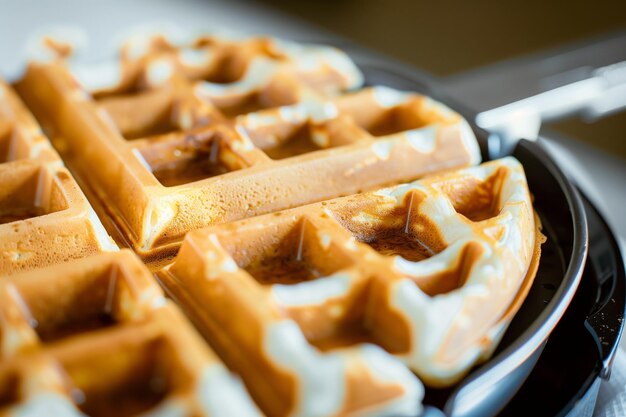 Closeup of waffle cooking in iron