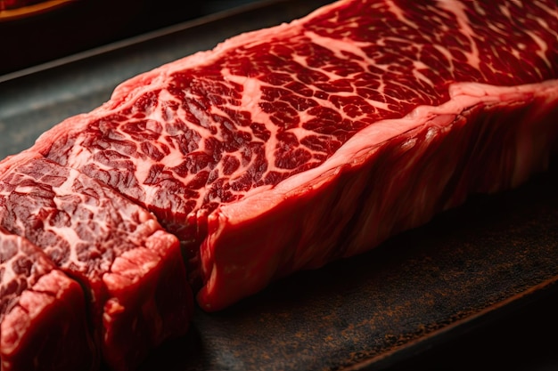 Closeup of wagyu steak with the full juicy and tender texture visible