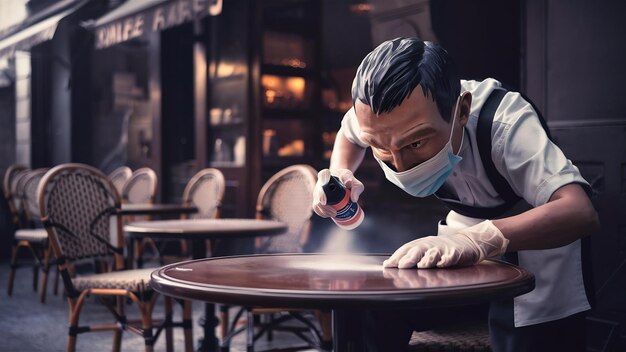 Closeup of waiter disinfecting cafe tables after work