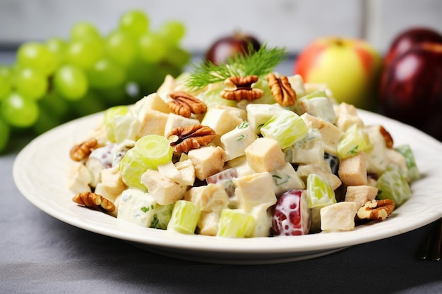 Foto close-up di un'insalata waldorf con mele a cubetti, sedano, uva e noci