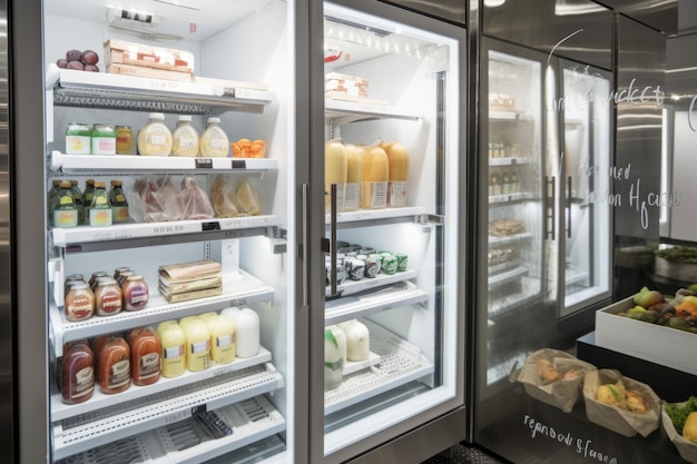 生成 AI で作成された製品と看板が見えるウォークイン冷蔵庫のドアのクローズアップ