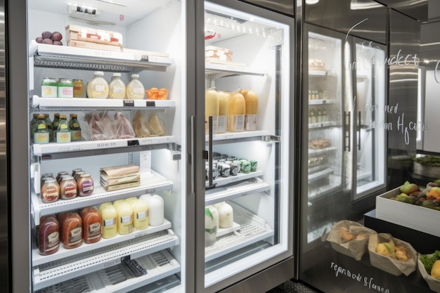 Closeup of walkin refrigerator door with products and signage visible created with generative ai