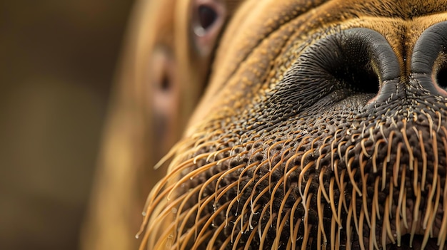 Photo closeup of a walruss nose the texture of the skin and the individual hairs are clearly visible
