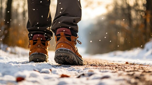 Closeup of warm boots treading the snowcovered hiking trail an ode to the adventurous spirit in the heart of nature's cold embrace