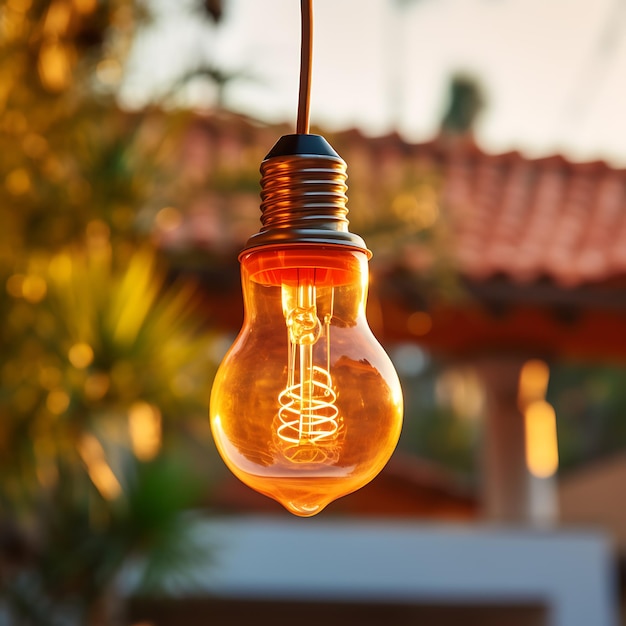 Closeup of warm color retro light bulb hanging on the roof