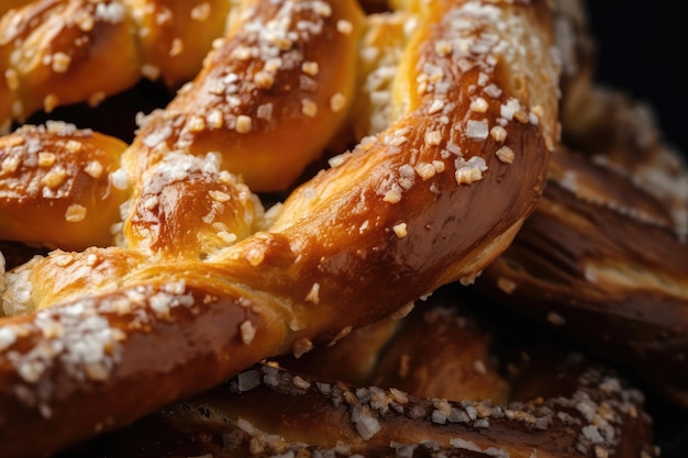 Closeup of warm and gooey brezel with sprinkle of salt visible on top