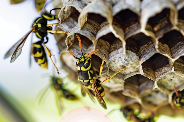 Photo closeup of a wasp nest with wasps in action