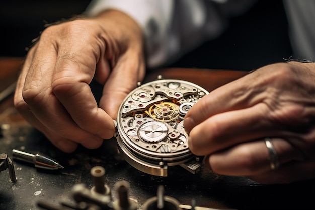 Closeup of watchmakers hands fixing a watch