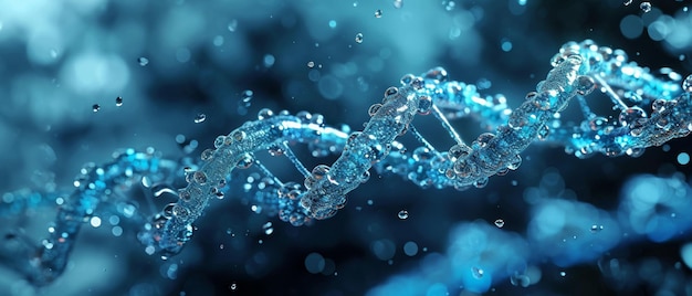 수분과 화장품을 나타내는 물 DNA 사슬의 클로즈업 3D 렌더링 이미지