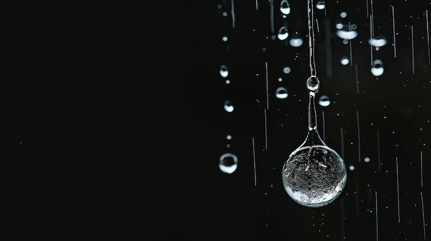 Photo closeup of a water drop falling in slow motion against a black background the water drop is perfectly round and has a smooth surface