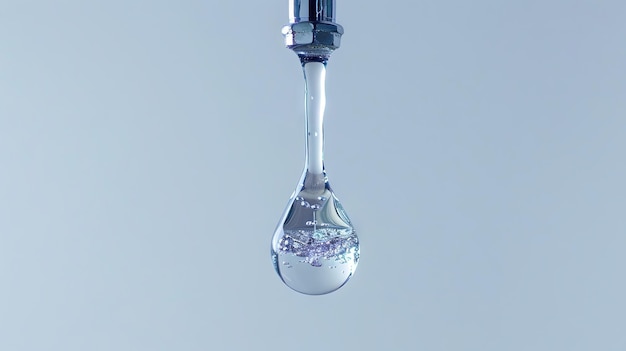 Closeup of a water droplet suspended from a faucet on a blue background