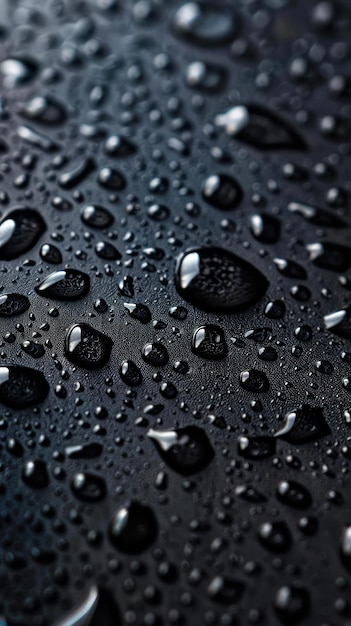 a closeup of water droplets on a black surface
