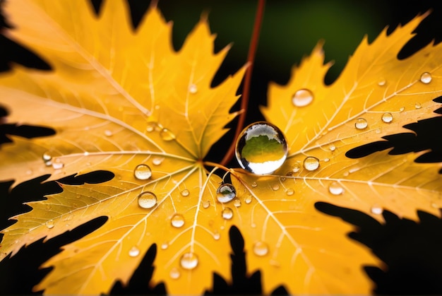 closeup of water droplets on a dry maple leaf