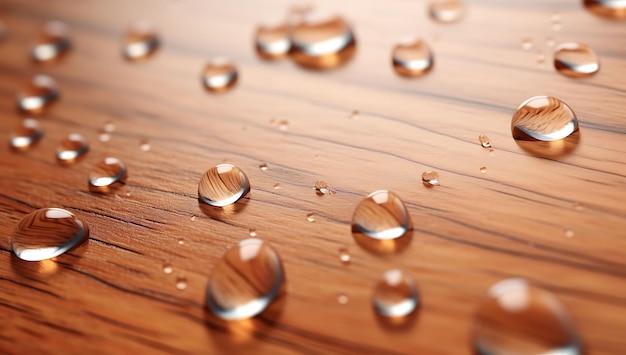 CloseUp of Water Droplets on Wood Surface in Stylish Setting