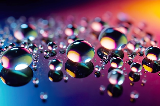 Closeup of water drops in holographic colorful light abstract background