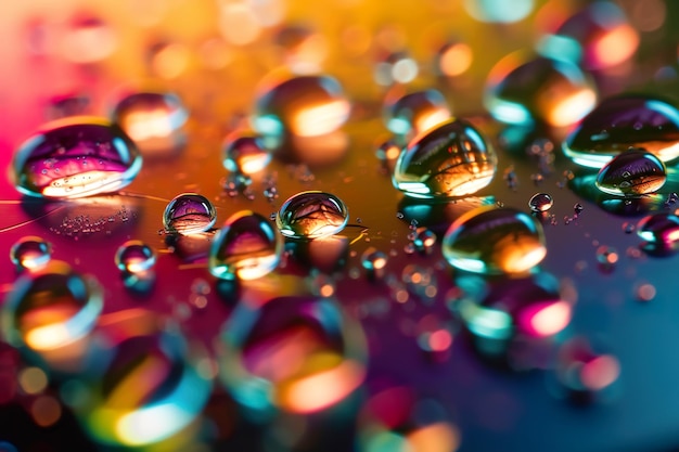 Closeup of water drops in holographic colorful light abstract background