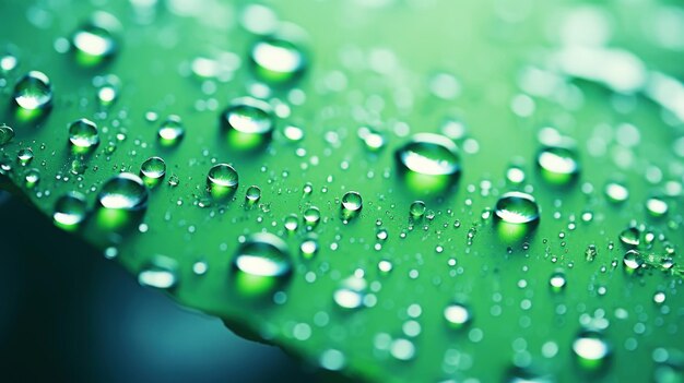 Closeup of water drops sliding on wet surface Green background Generative AI