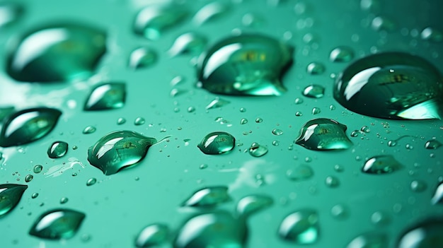 Closeup of water drops sliding on wet surface Green background Generative AI