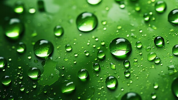 Closeup of water drops sliding on wet surface Green background Generative AI