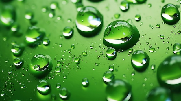 Closeup of water drops sliding on wet surface Green background Generative AI