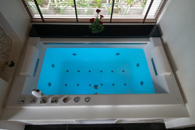 Closeup of water in hot bath tubs at spa