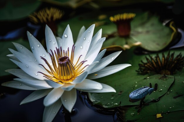 Foto primo piano del fiore di ninfea circondato da altre piante e animali creati con ai generativo