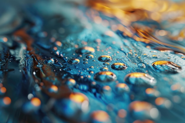 Closeup of water oil emulsion on colorful background