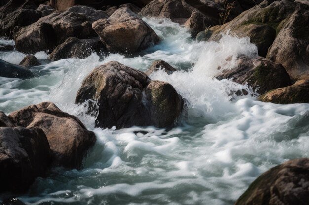 Крупный план воды, бегущей по камням в бассейн, созданный с помощью генеративного ИИ