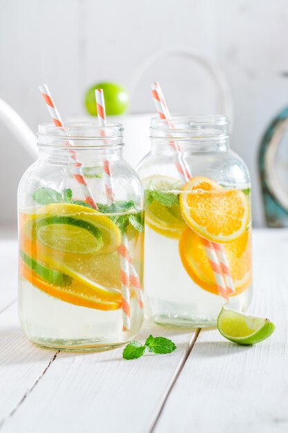 Closeup of water with mint leaves and citrus fruits