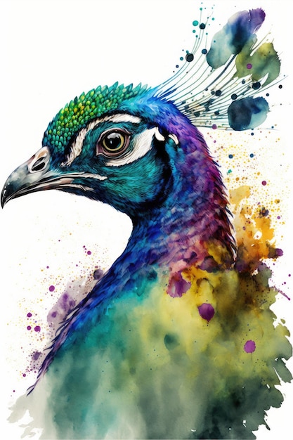 Closeup watercolor painting of sideways peacock artwork