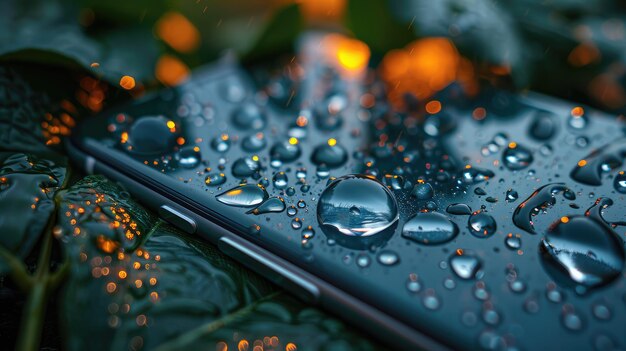 Photo closeup of a waterproof smartphone covered in raindrops highlighting the durability and technology of waterresistant mobile devices