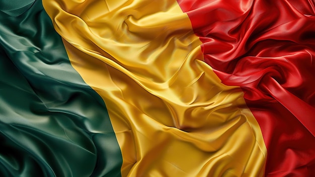 Closeup waving flag of Mali on silk fabric background