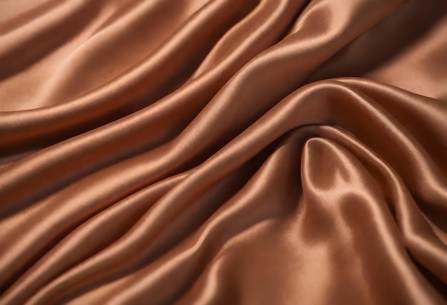Foto close-up di tessuto satinato marrone ondulato con pieghe e pieghe morbide