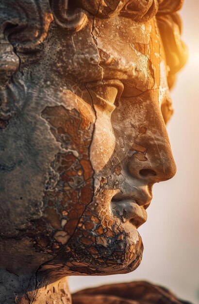 Foto close-up di una statua classica intemperata al tramonto