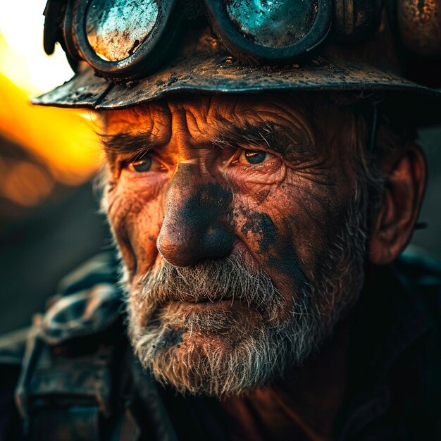 Близкий взгляд на выветрившегося шахтера в золотом часовом свете