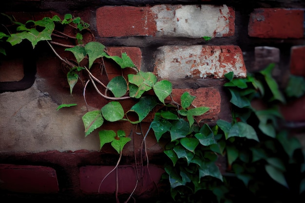 Photo a closeup of a weathered industrial brick wall with ivy creeping up its sides