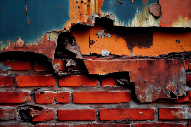 A closeup of a weathered industrial brick wall with peeling paint and rust