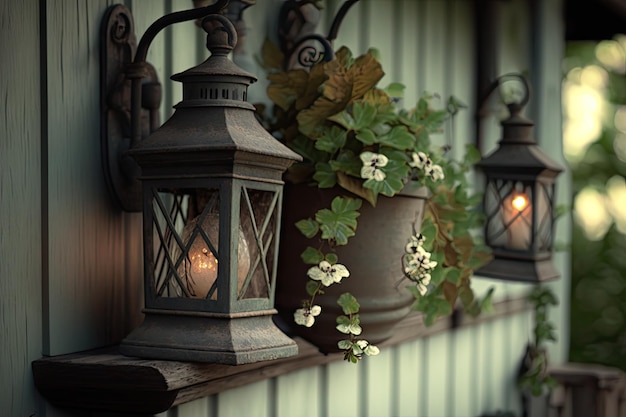 Closeup of weathered wooden porch with hanging lanterns and potted plants