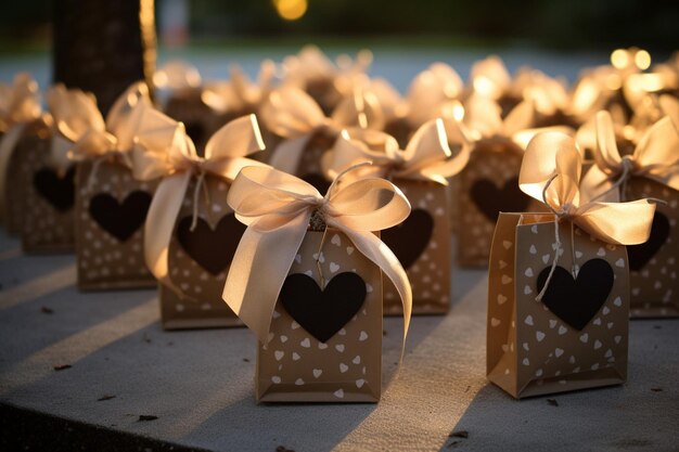 Photo closeup of wedding favors arranged in decorative packaging