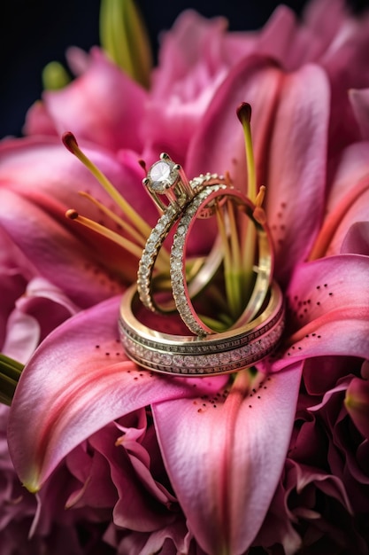 Photo closeup of wedding rings on a bouquet created with generative ai