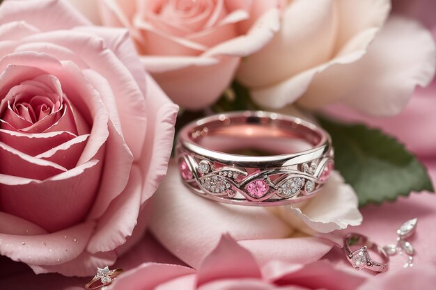 Closeup wedding rings on pink rose flower