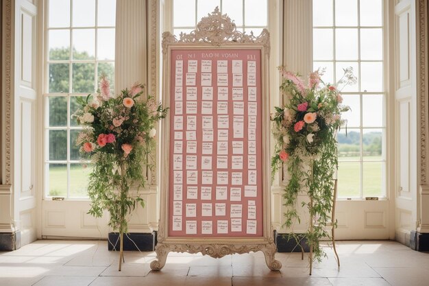 Closeup of a wedding seating chart with floral accents