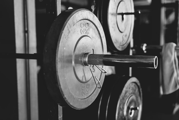 Closeup of weight lifting equipment in black and white