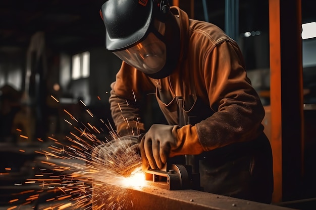Closeup of a welder working with an electric grinder