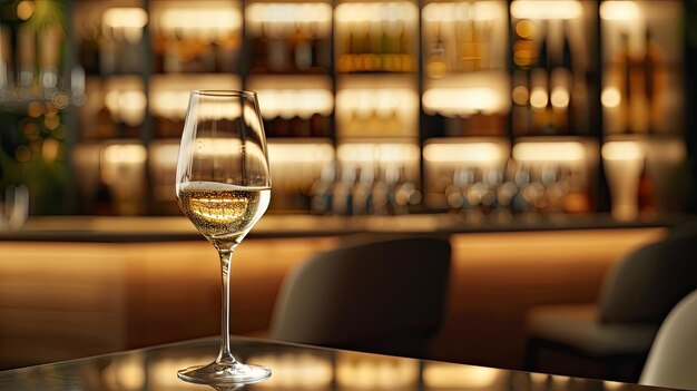 Photo closeup of a wellcrafted wine glass holding white wine set against a backdrop of a modern stylish bar